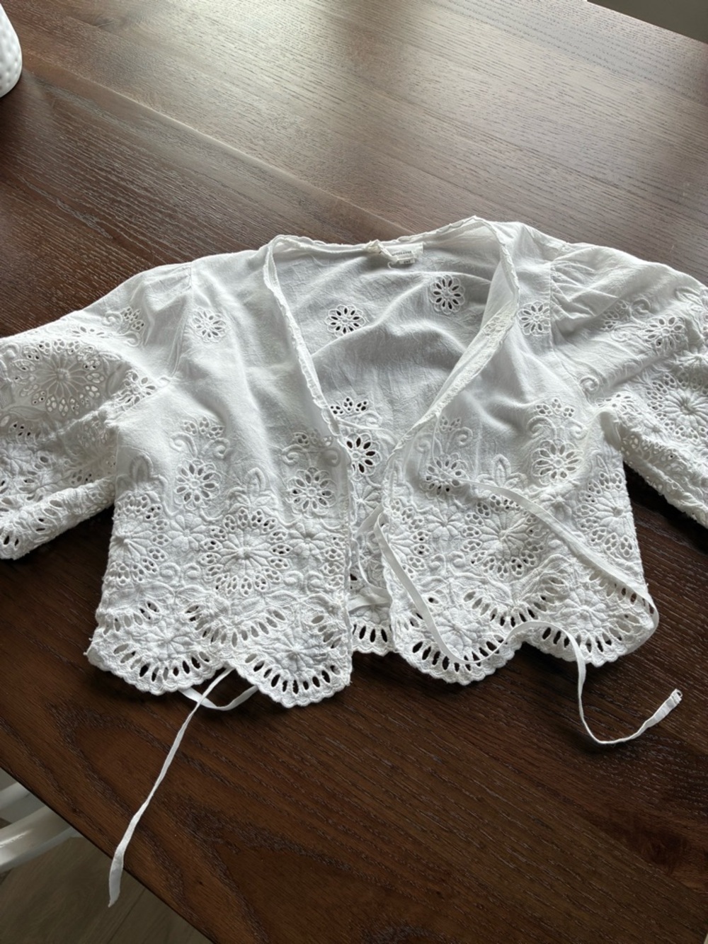 Anthropologie White Eyelet Tie-Front Cropped Top